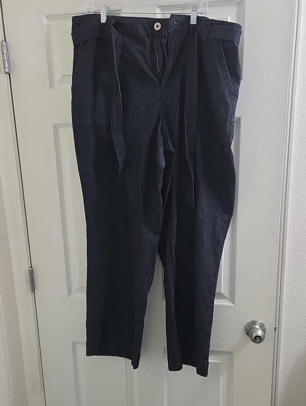 Ashley Stewart Dark Rinse Straight Leg Pants with Waist Tie